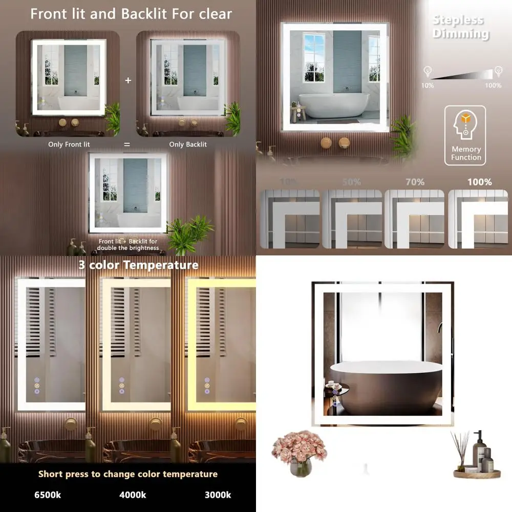 

36 Зеркало для ванной комнаты со светодиодной подсветкой, противотуманное, 3 варианта цвета, закаленное стекло, бесступенчатая регулировка яркости, функция памяти