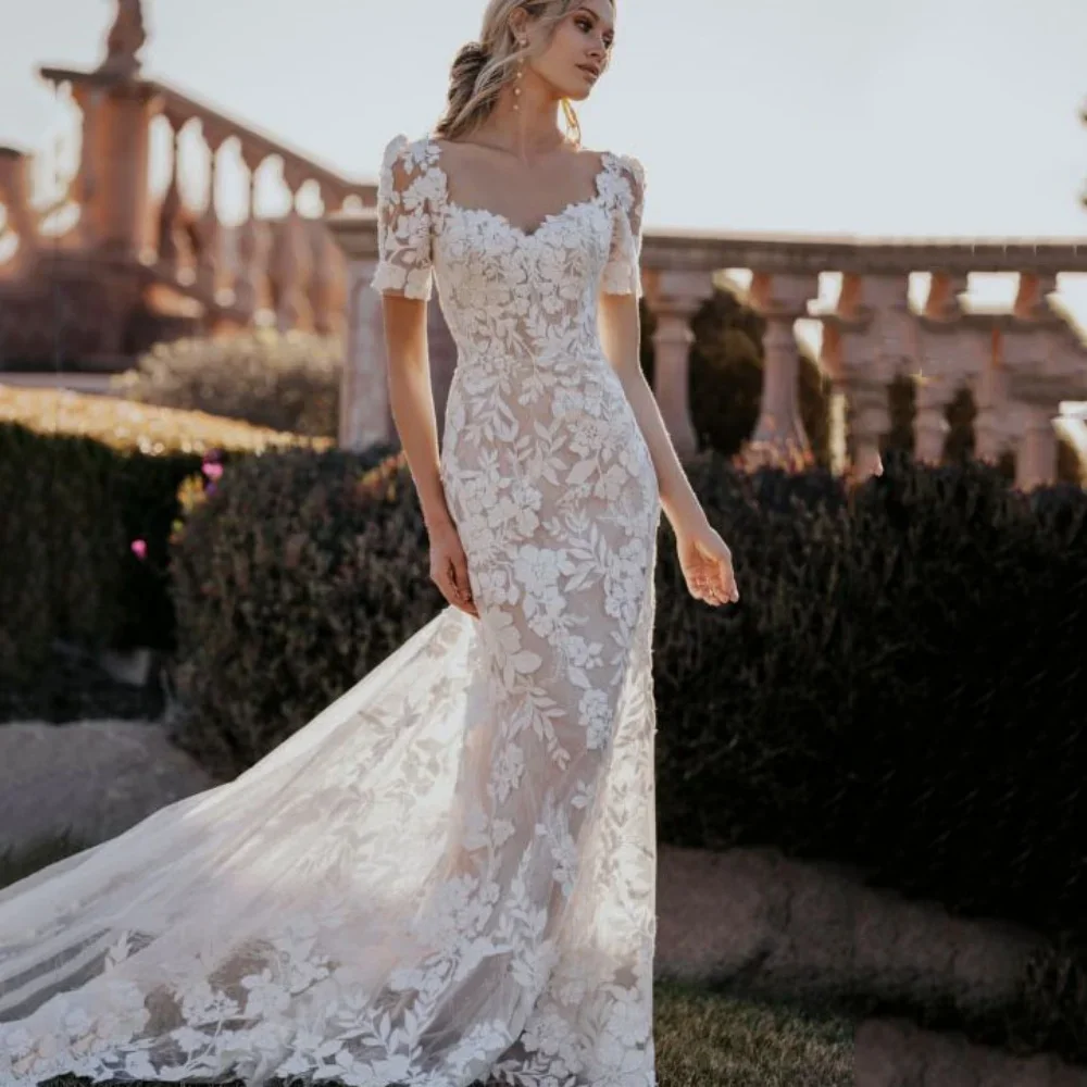 Customized Graceful Short Sleeve Wedding Dress Mermaid Lace  Bride Gowns Boho Applique New Bridal Dresses Vestido De Novia