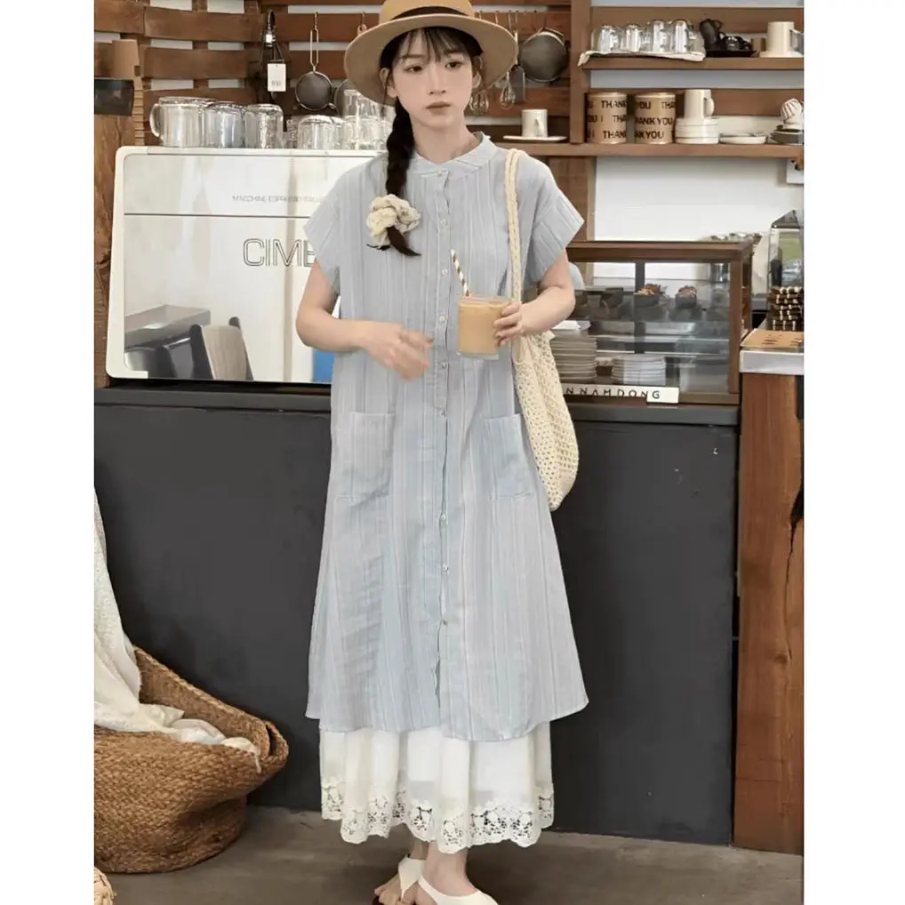 Blue striped short sleeves shirt dress for women\'s summer new loose mid length skirt casual temperament two-piece set for women