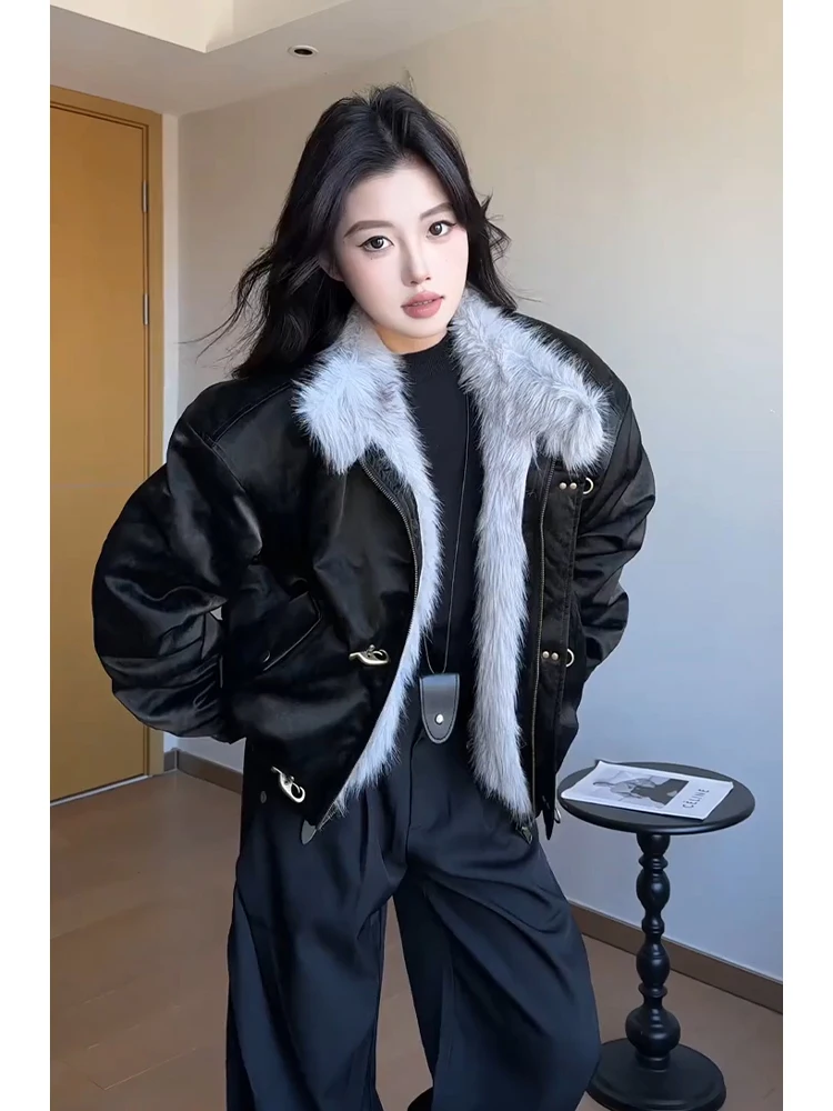 

Bla PU Leather Thiened Winter Jaet Men's Cotton Coat Harlington Sle Button up Stand Collar Fluffy Lined Stand Fit