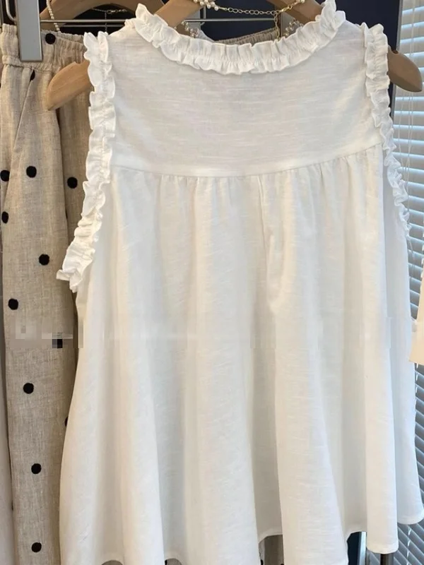 Colete branco doce com borda de madeira, sem mangas, csa fena solta, boneca desiadora de idade, verão, novo estilo, ...
