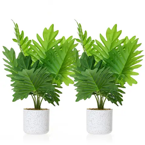 17.7" Philodendron Fake Plants 2 Pack, Artificial Plants Indoor for Home Decor, Faux Green Bonsai Tree in Pot, Cement Moss Base
