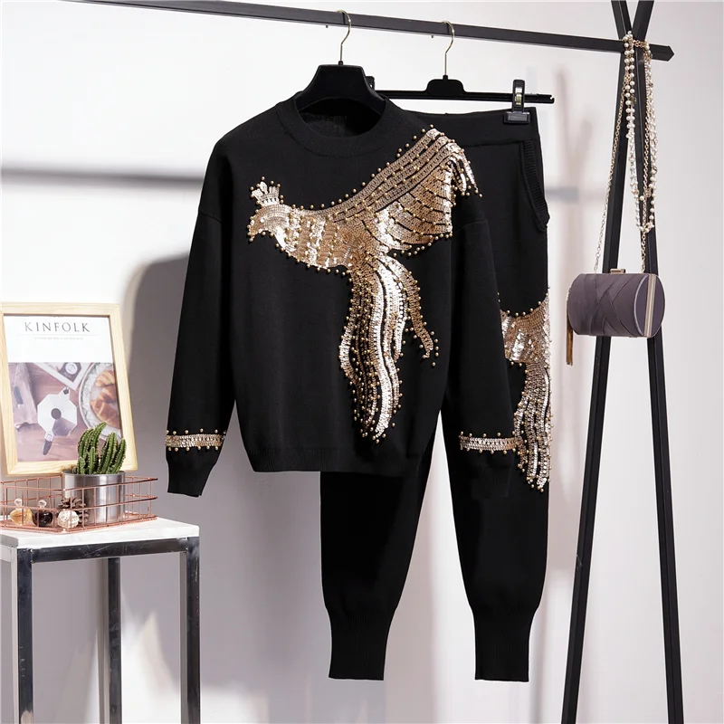 Black White Beading Sequins Phoenix Knitted Tracksuit Women Outfits Autumn O Neck Pullover Long Pencil Pant Casual Knitwear Set