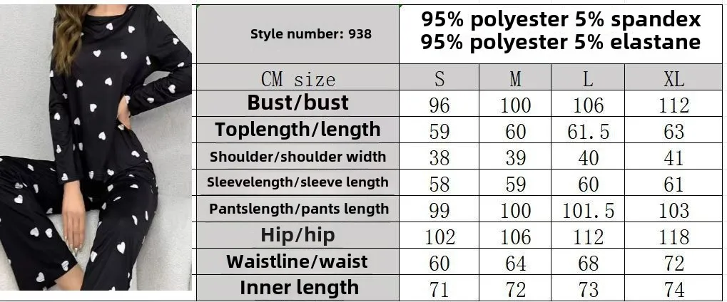 Damen-Pyjama, lässig, Liebesdruck, Rundhalsausschnitt, lange Ärmel, lange Hosen, Herbst und Winter, bequemes Set, Mädchen-Nachtwäsche, Homewear – Detail 1