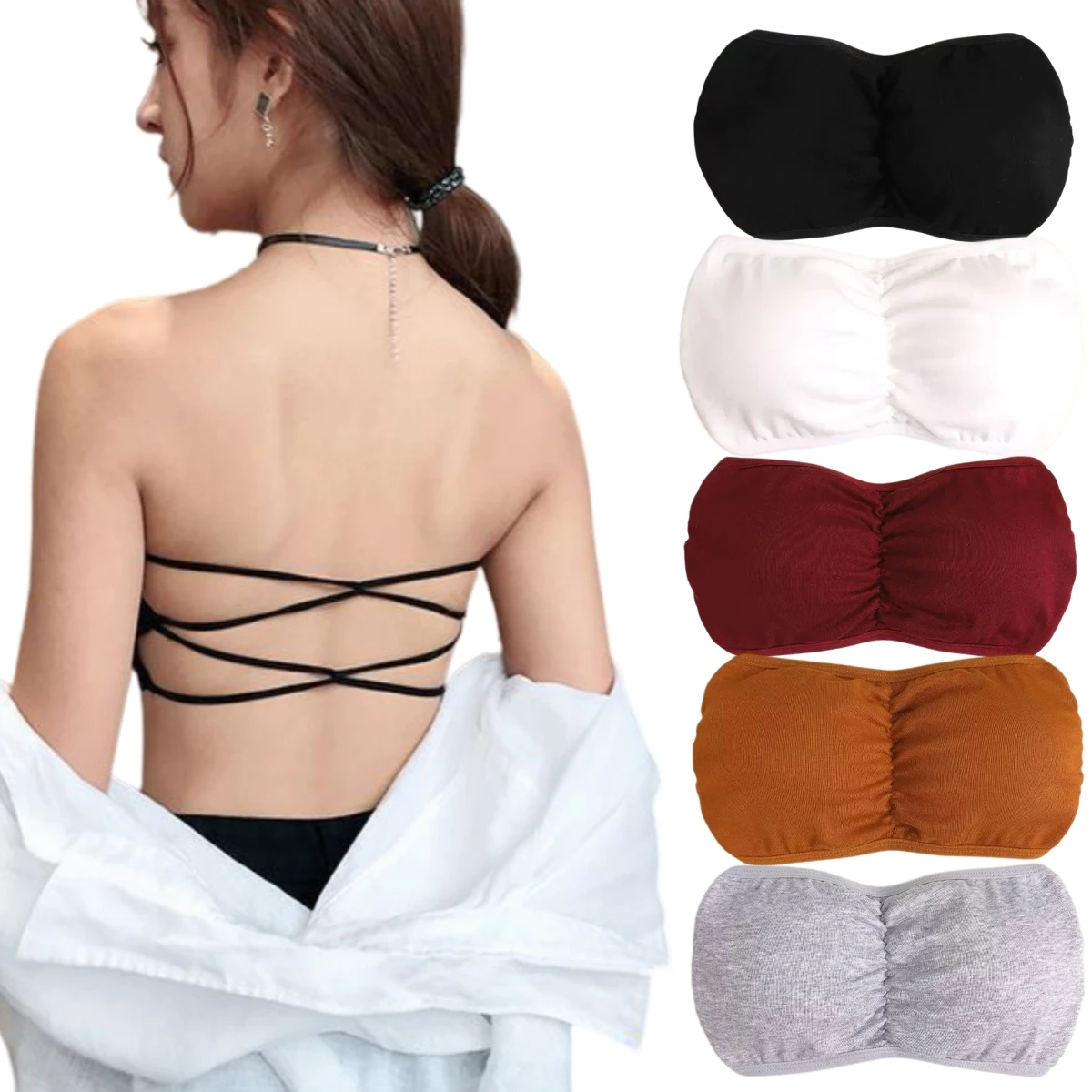 Women's seamless back with built-in cup, no shoulder straps, versatile base layer, suitable for all occasions, full coverage, pu