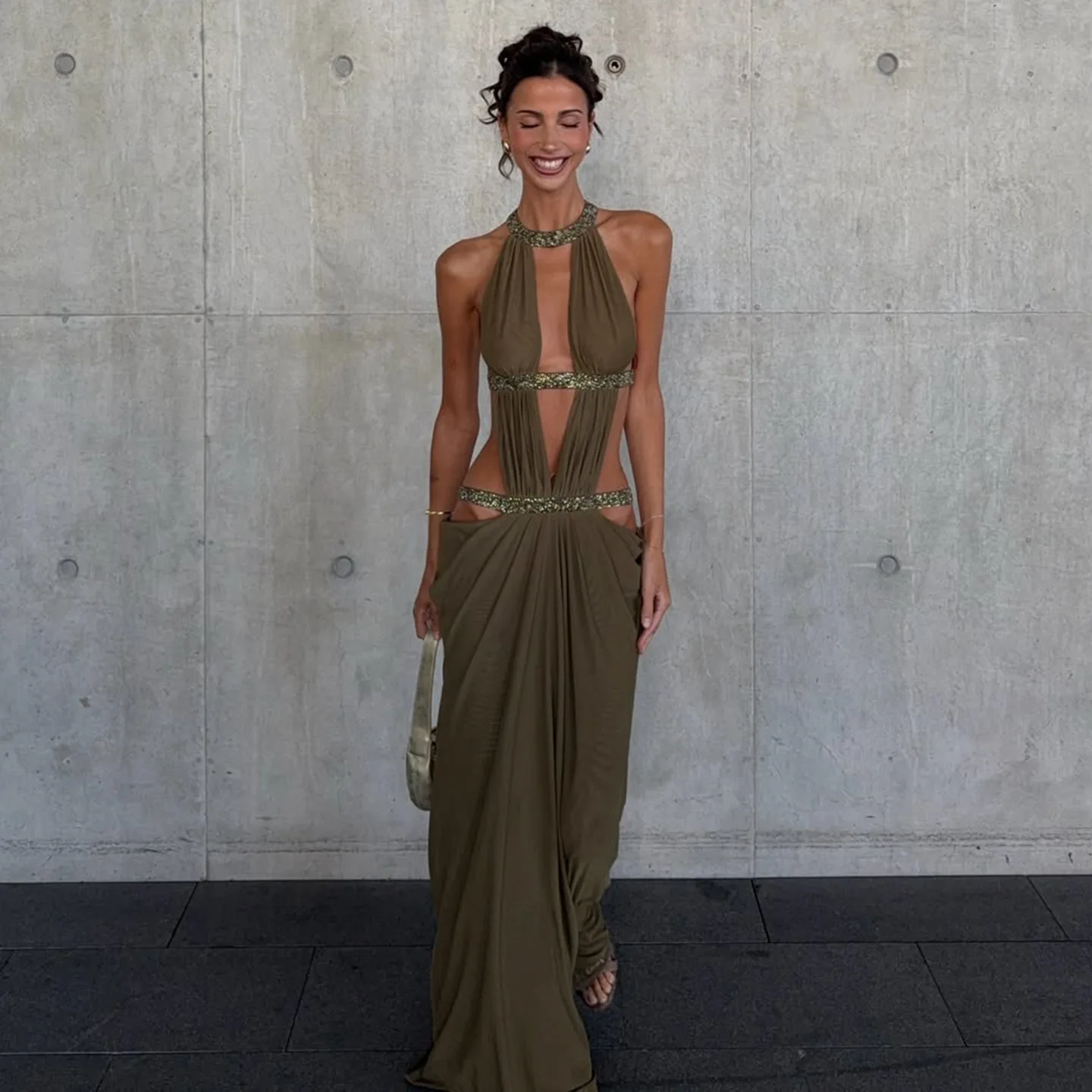 

Hollow Out Halter Maxi Dress Women Sexy Solid Sleeveless Off Shoulder Pleated Slim Long Dresses 2026 Lady Vacation Party Gowns