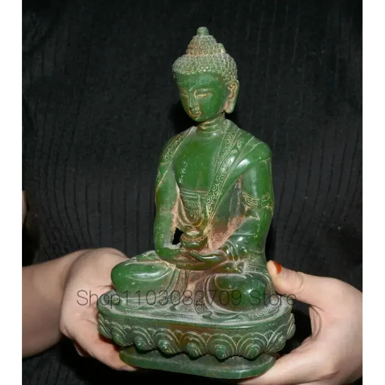 Imagem -05 - Jade Verde Natural Esculpida Buda Lotus Estátua Shakyamuni Amitabha Old Tibet 88