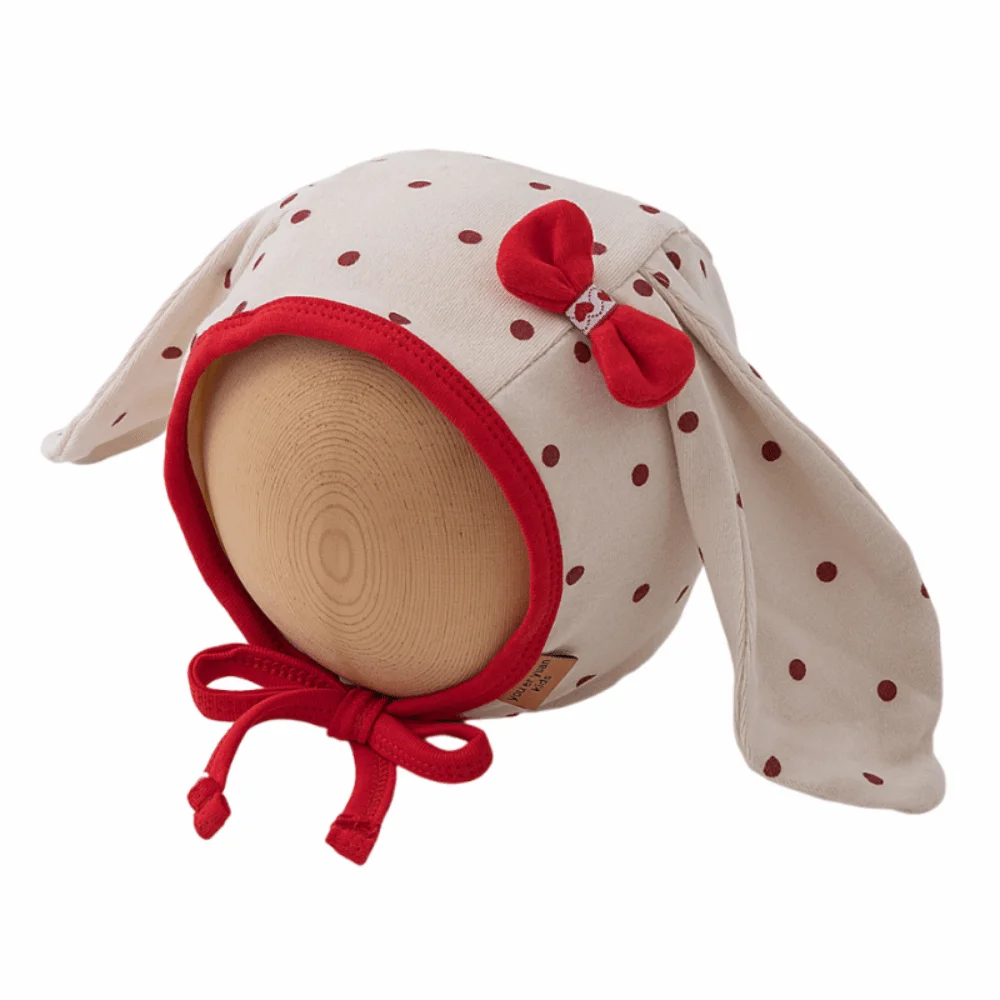 

INS Cute Baby Ear Protection Hats Long Ear Sweet Newborn Beanie Hat with Tie Strap Polka Dot Infant Bonnet Hat Winter