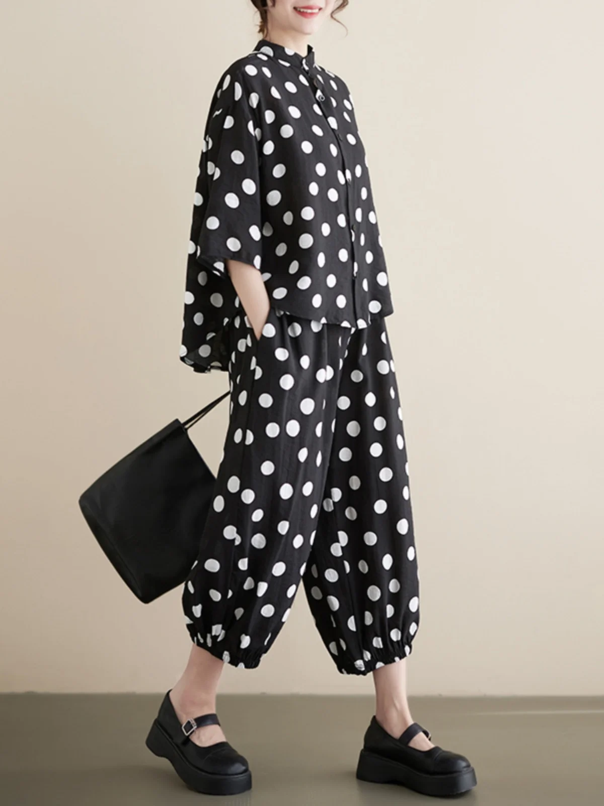夏の新作水玉プリント綿麻素材スタンドカラーカジュアルハーランパンツツーピースセットレディースファッションアンサンブル