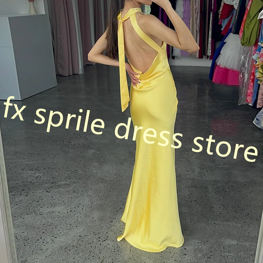 Straight Floor Length Halter Satin Special Occasion Evening Dress Sleeveless Yellow Elegant Pleats Bespoke Occasion Gowns