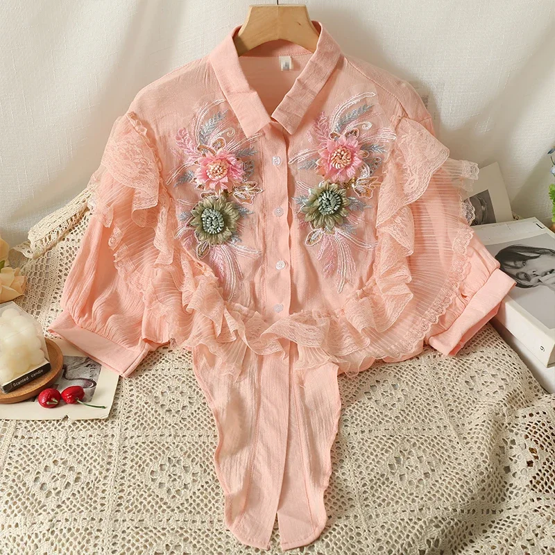 Sweet Bow Lace Candy Color Blouse Women 2023 Summer Heavy Embroidery Sequins Three-Dimensional Flowers Sun Protection Shirt Top