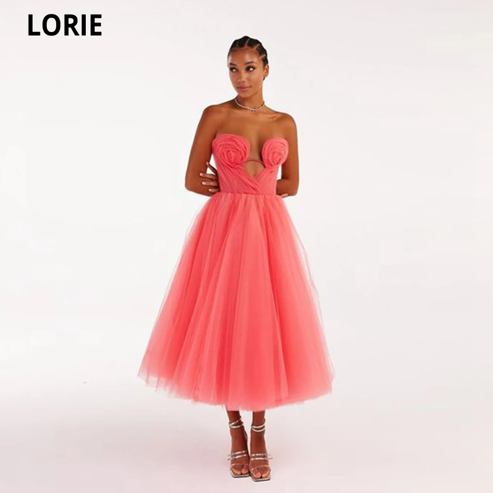 LORIE Coral Tulle A-line Prom Dresses Lace-up Vestidos De Graduación Pleat Tea-Length Formal Occasion Dresses Robes De Soirée