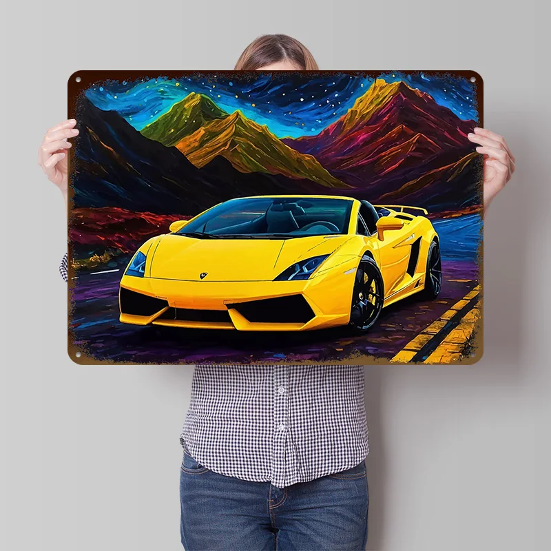 Gelbes Sportsi Gallardo im Gebirge Poster, personalisierte Vintage-Metallschilder, Wandkunst, Retro-Blechschild für Raumdekoration, Heimdeko