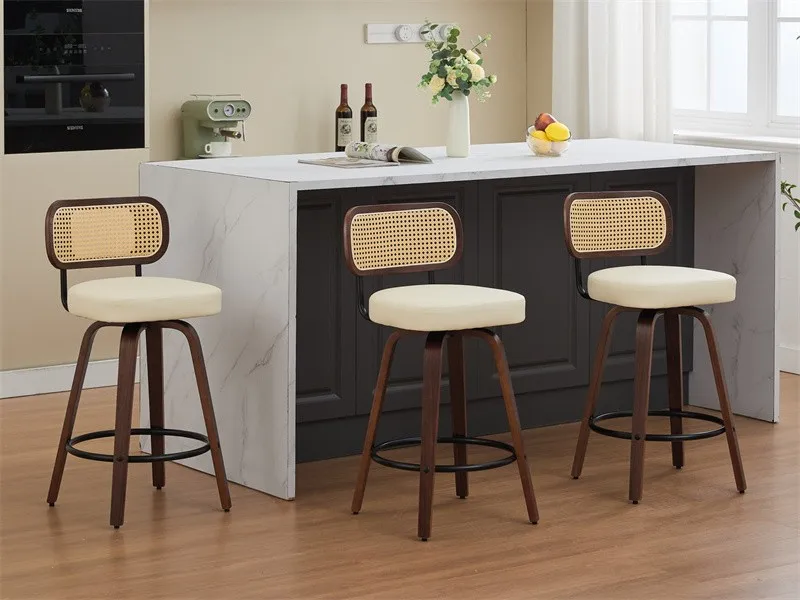 

Set of 3 Beige PU Barstools 26" Swivel Counter Bar Chairs Rattan Back Wood Legs