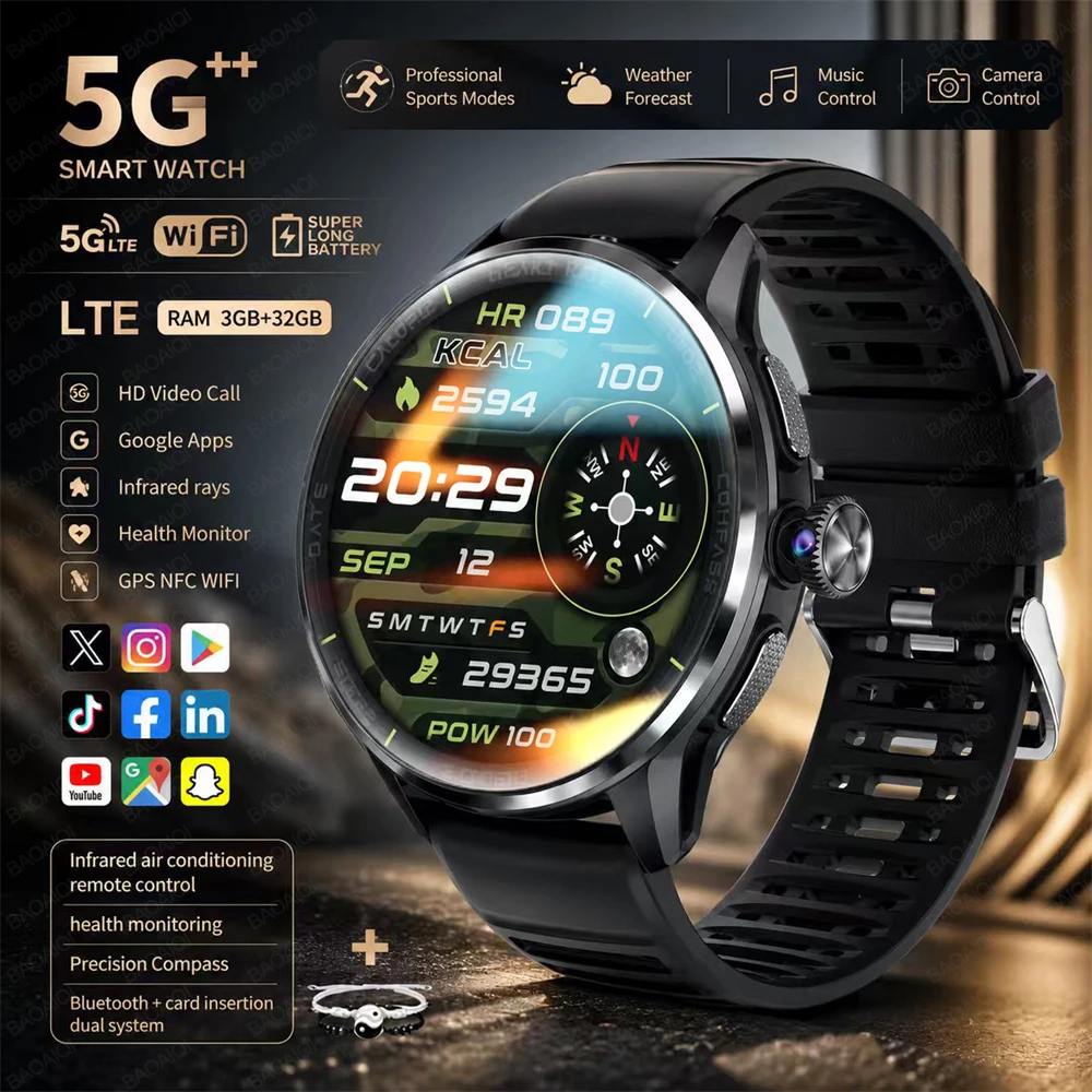 4G/3G Full Network Infrared Smart Watch 1.60 inch AMOLED Screen 800W Video Call  2100mAh Google Play WIFI GPS Compass Smartwatch