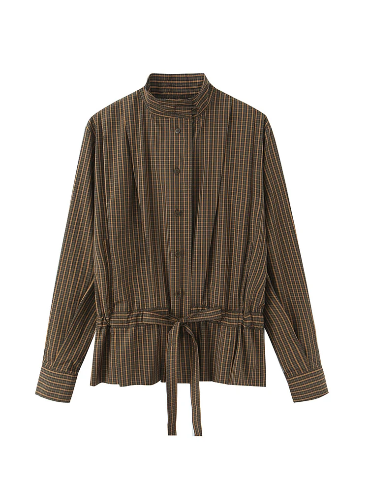 Vintage Damen Langarmhemd im Pendler-Stil, braun kariert, Stehkragen, Knopfleiste, schicke, elegante Schnürbluse, lässige Oberteile