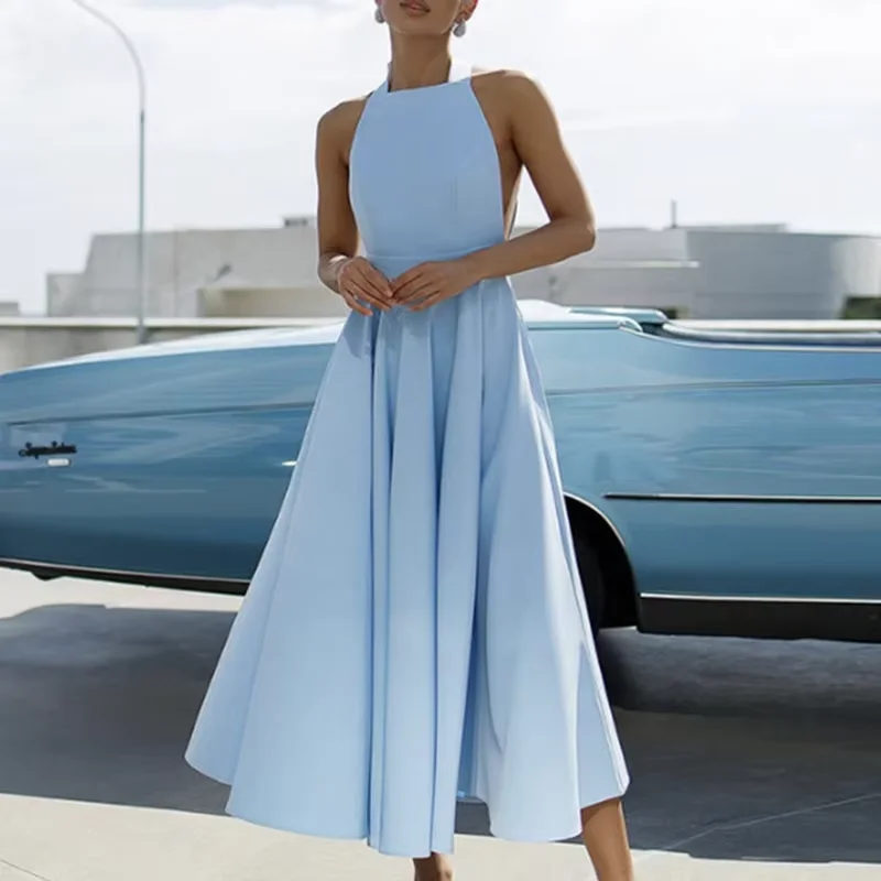 2025 Sexy Solid High Waist Long Dress Women Elegant Halter Lace-up Bow Party Dresses Summer Sleeveless Backless Boho Dress