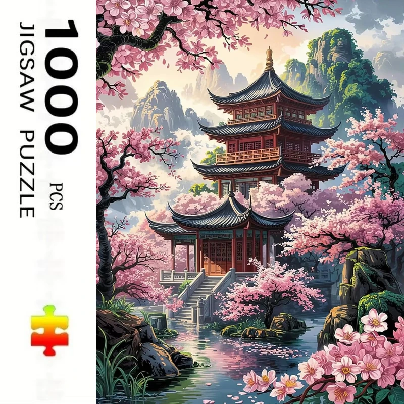 Adult Jigsaw Puzzle 500/1000 Pieces Puzzle Sakura Pavilion Landscape Paper Puzzle Decorative Painting Exercise Brain Thinking