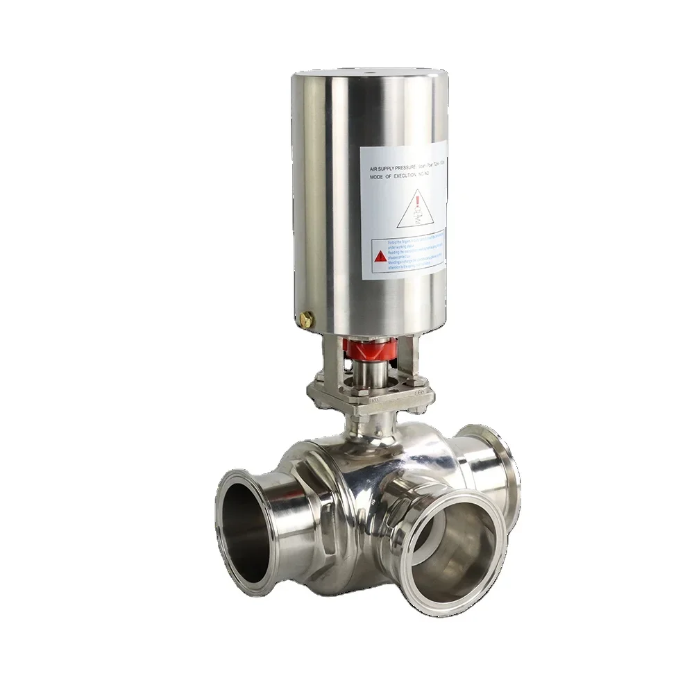 Manufacture Food Chemical Stainless Steel 304 316L 3 Way Vertical Sanitary Tri Clamp Pneumatic Ball Valve