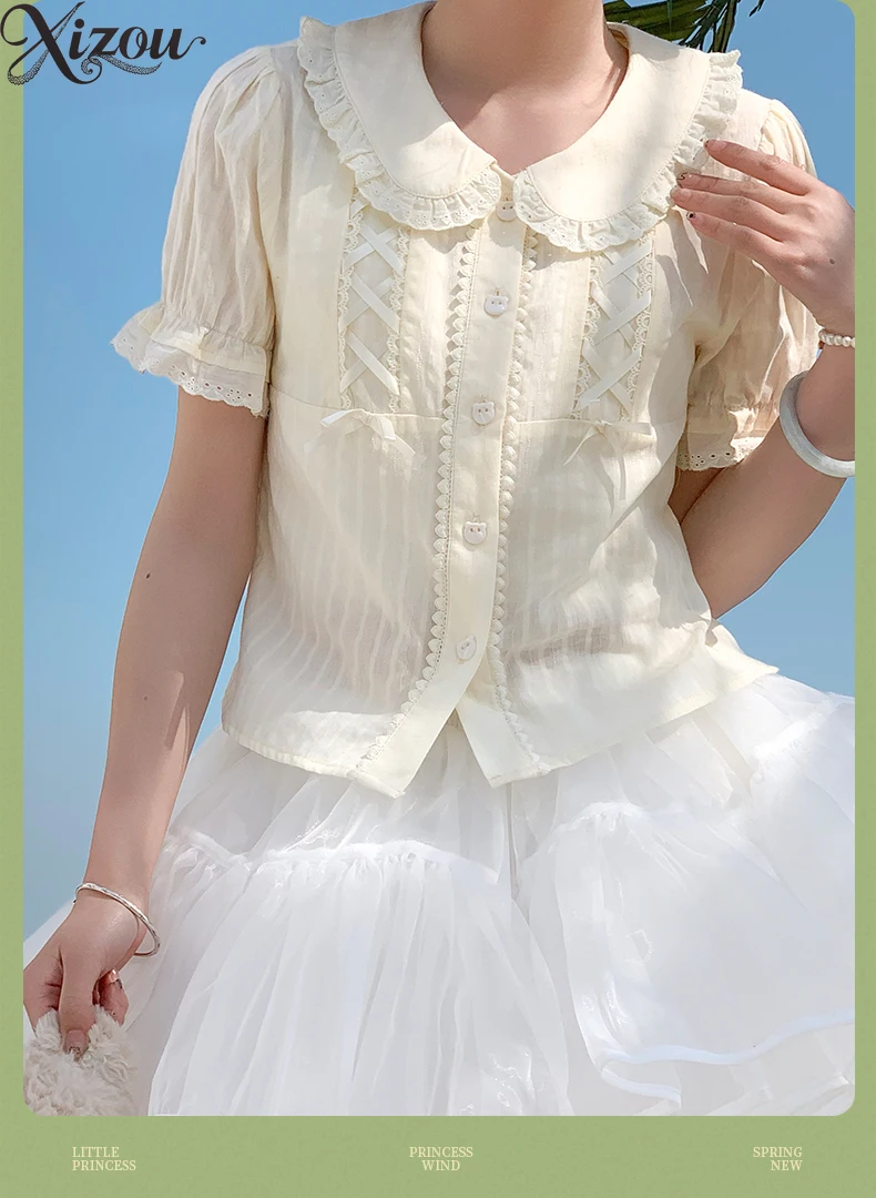 

2025 Summer Japanese Shirt Lolita Short Sleeved Blouse Women Sweet Goth Bow Peter Pan Collar Puff Sleeve Top Kawaii JK Slim Fit