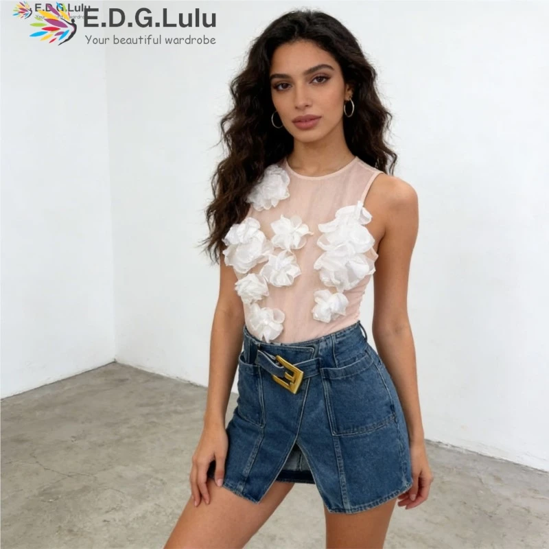 EDGLuLu Women Sexy 3d Floral Patchwork Slim Jumpsuit 2026 Spring Fashion Sleeveless Vest Bodysuit One Piece Outfit 0410