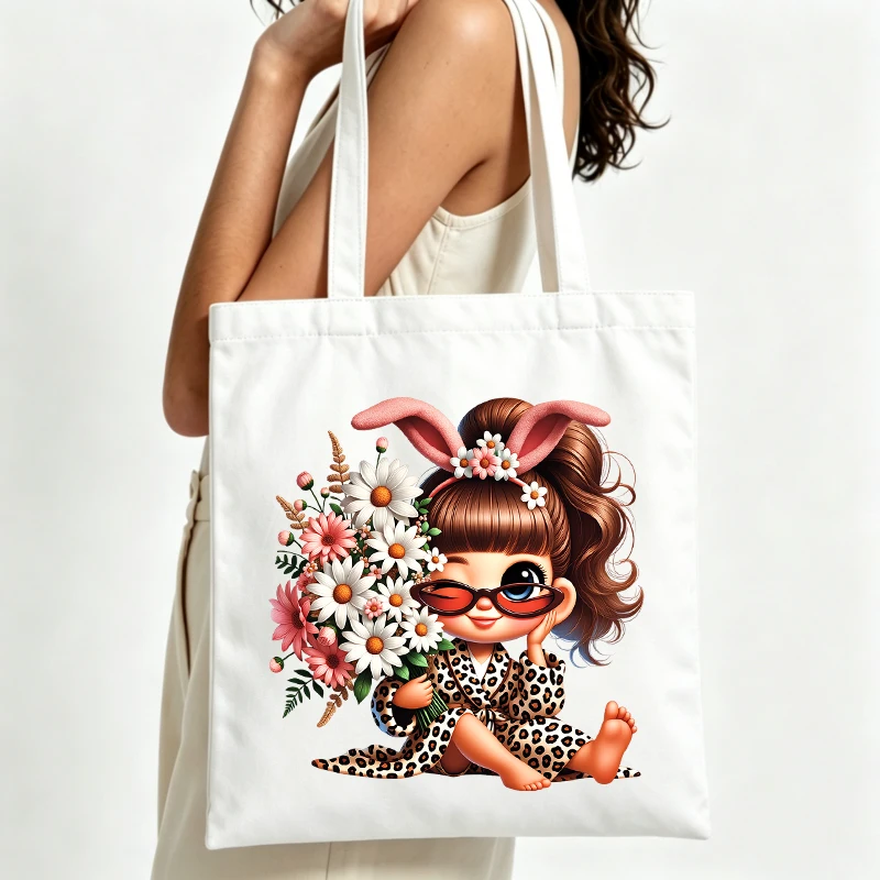 Women's cute rabbit graphic canvas tote bag with floral design, perfect for casual daily use and summer outings
