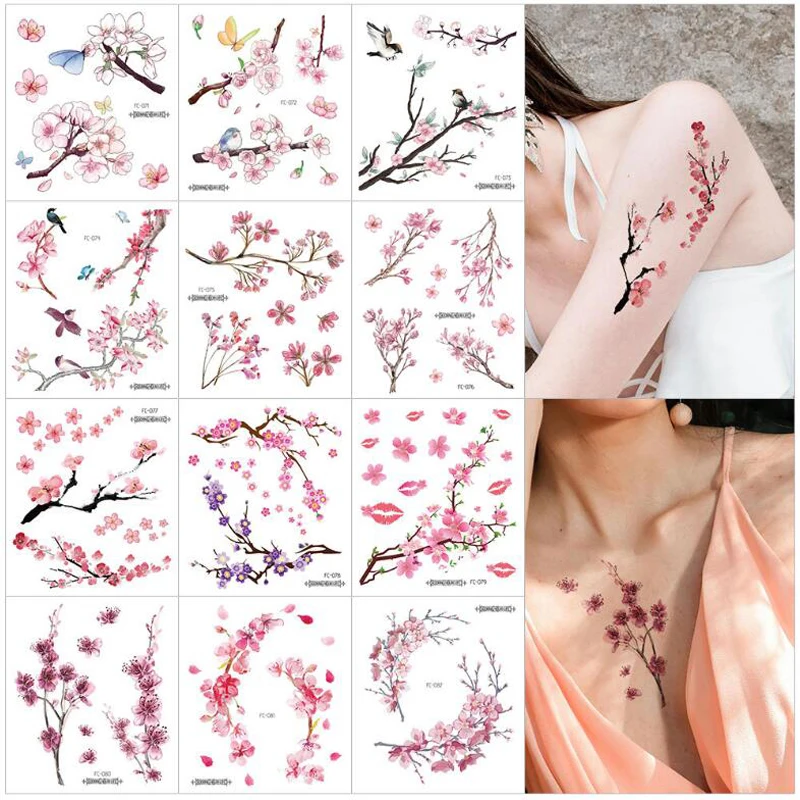 New Waterproof Sakura Flowers Tattoo Stickers Decals Fresh Chest Collarbone Arm Hand Body Art Transfer Tattoos Tattoo Decoration