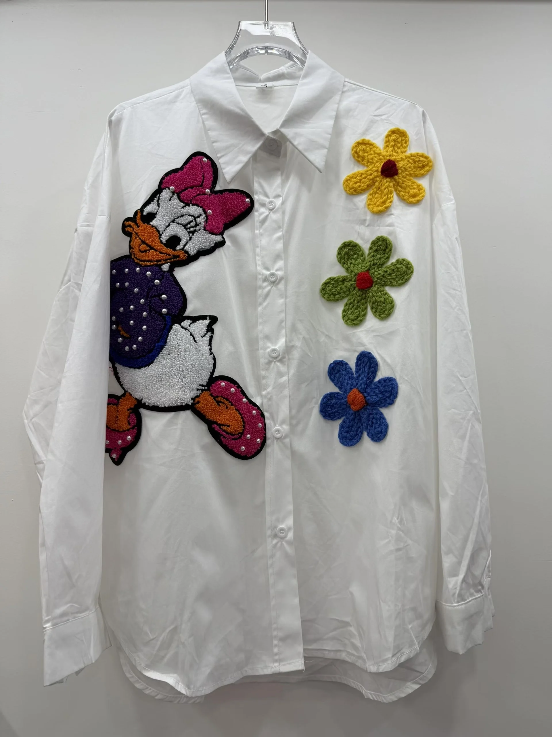2025 Summer Loose Color Block Cartoon Top European Style Cartoon Duck Patch Embroidery Long Sleeve Shirt for Women