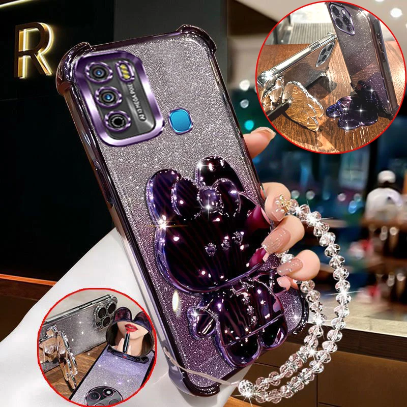 

Fashion Case For Infinix Hot 9 10 11 Play Smart8 7 Pro+ Rabbit Makeup Mirror Stand Holder with Bracelet Shockproof Cover Smart7