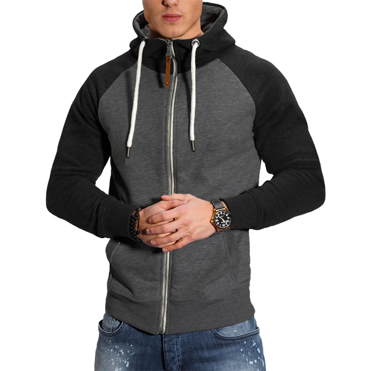 Autumn And Winter Fitness Running Sports Match Color Casual Fashion With Shoulder Sleeve Cardigan Men\'s Hoodie