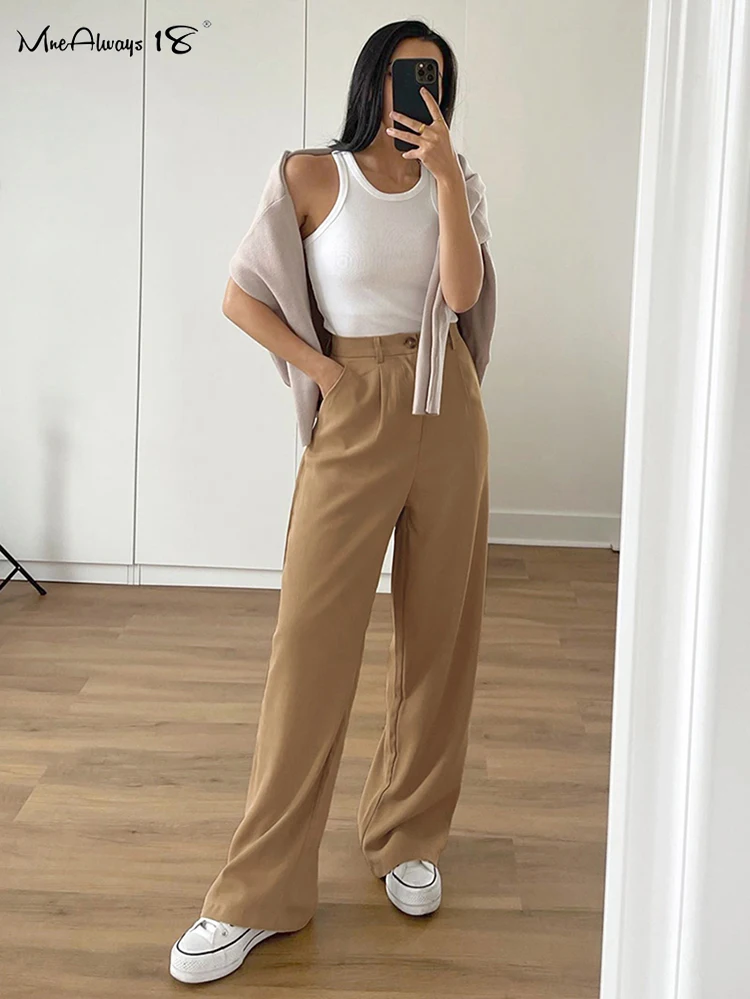 Mnealways18 Vintage Green High Waist Trousers Women Office Ladies Pleated Casual Straight Pants Double Pockets Floor-Length Pant