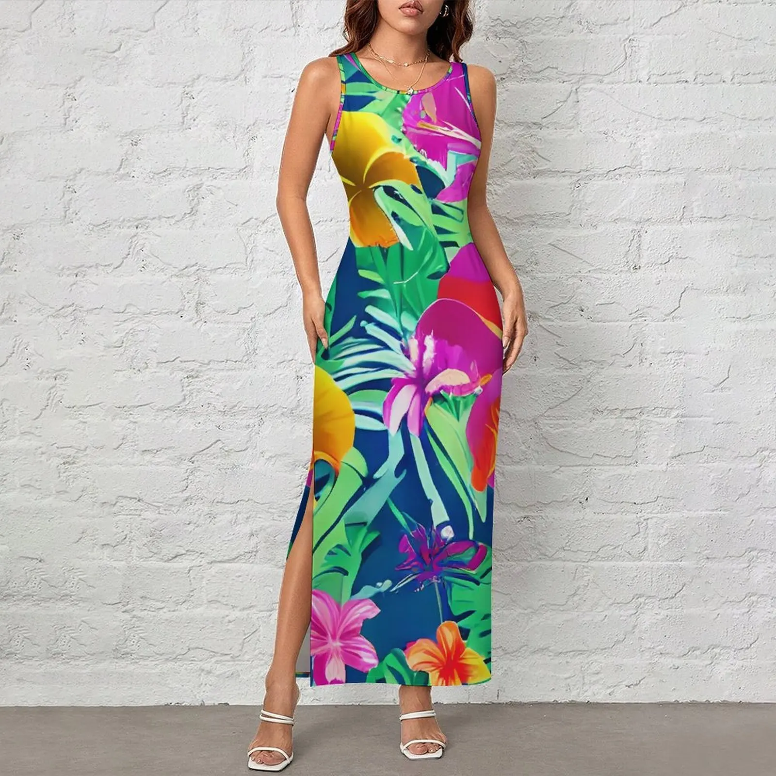 Tropical Florals Dress Sleeveless Colorful Flowers Pretty Maxi Dresses Summer Streetwear Pattern Bodycon Dress Large Size
