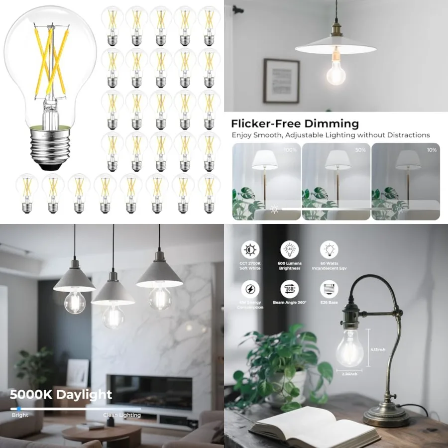 

LED Edison Bulb Dimmable,,A19 Clear Glass Vintage E26 LED Bulb 6W, 60 watt Equivalent, A19 Light Bulb for Ceiling Fan, 90+CRI,