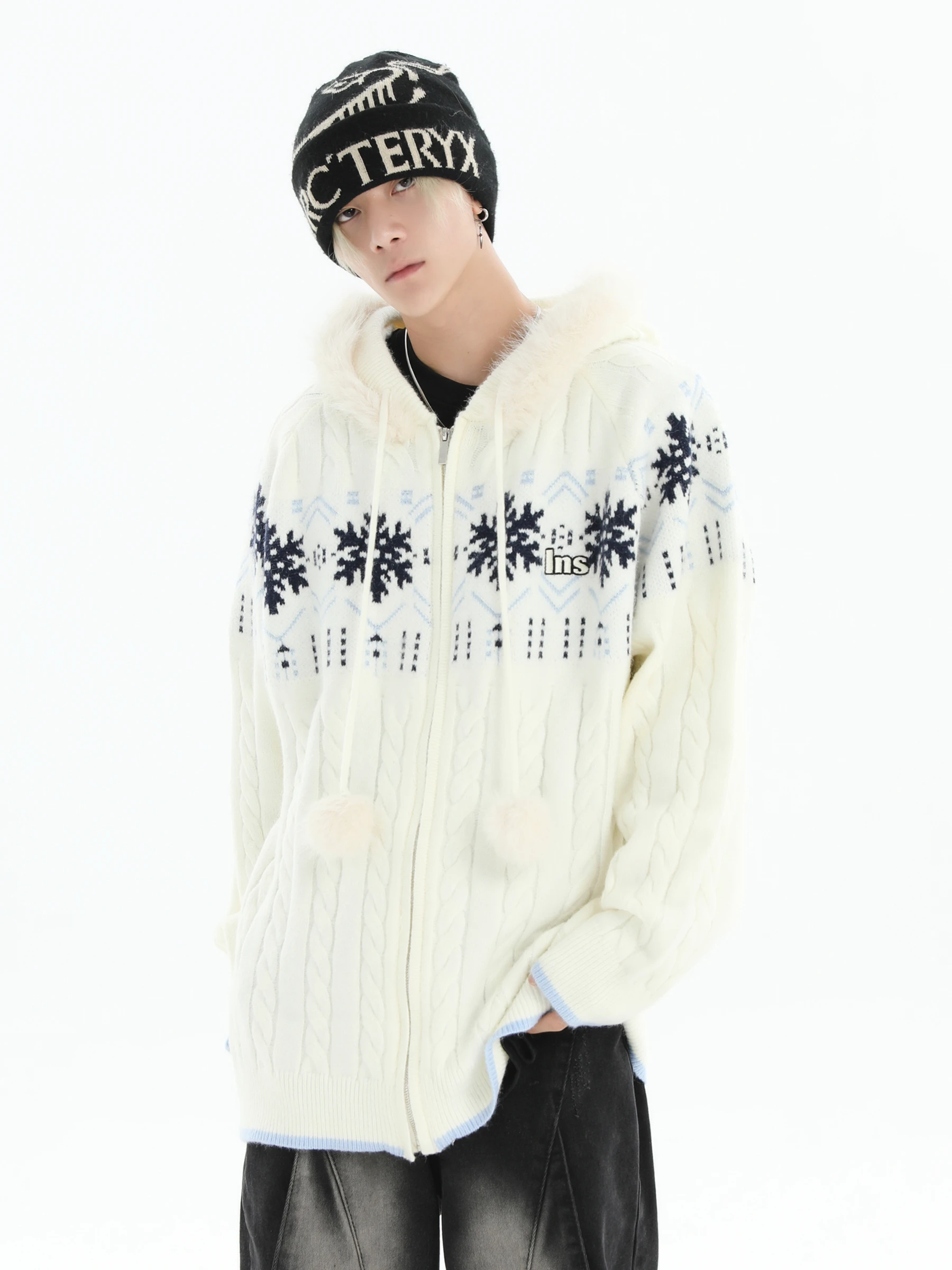 2025 Spring and Autumn New American Style Men's Loose Casual Beige Pink Blue Khaki Fur Collar Hooded Knitted Cardigan