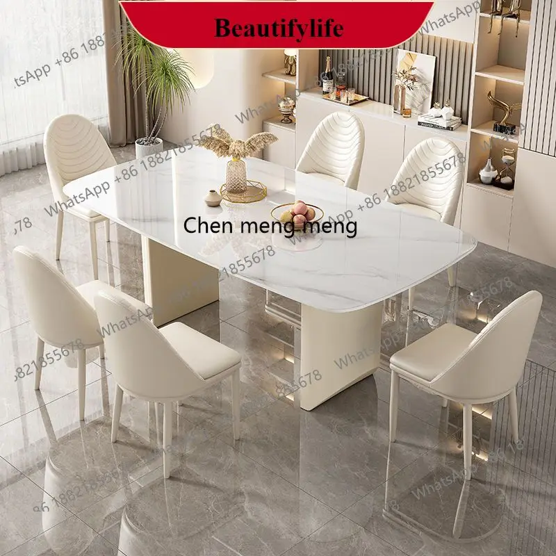 G153 Modern simple cream wind rock board dining table and chair combination household white rectangular dining table
