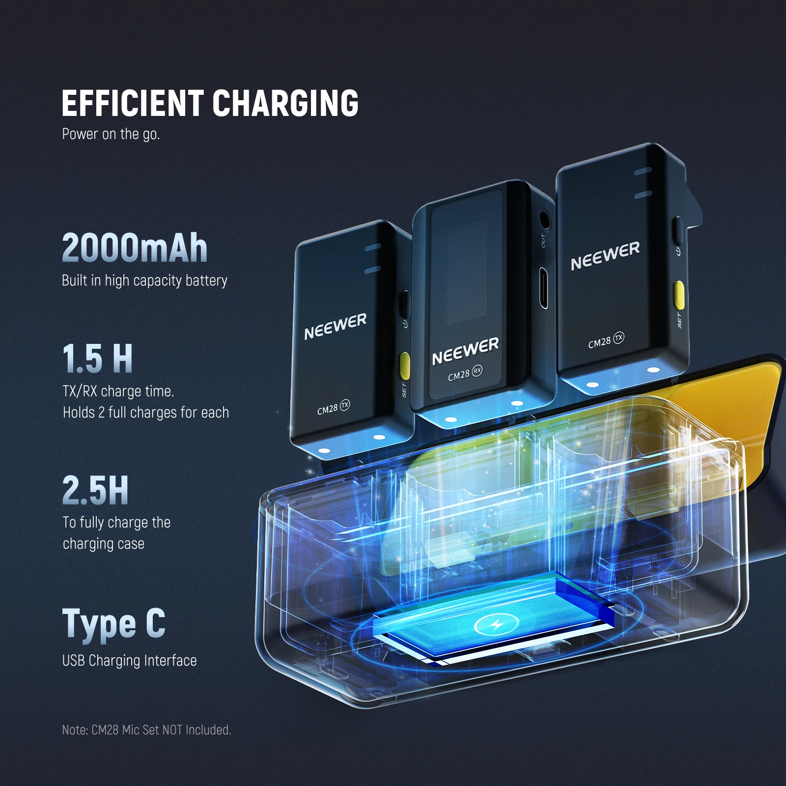 NEEPackets-Étui de charge pour système de microphone Lavalier sans fil, charge rapide, lumière LED pour niveau de batterie, CM28