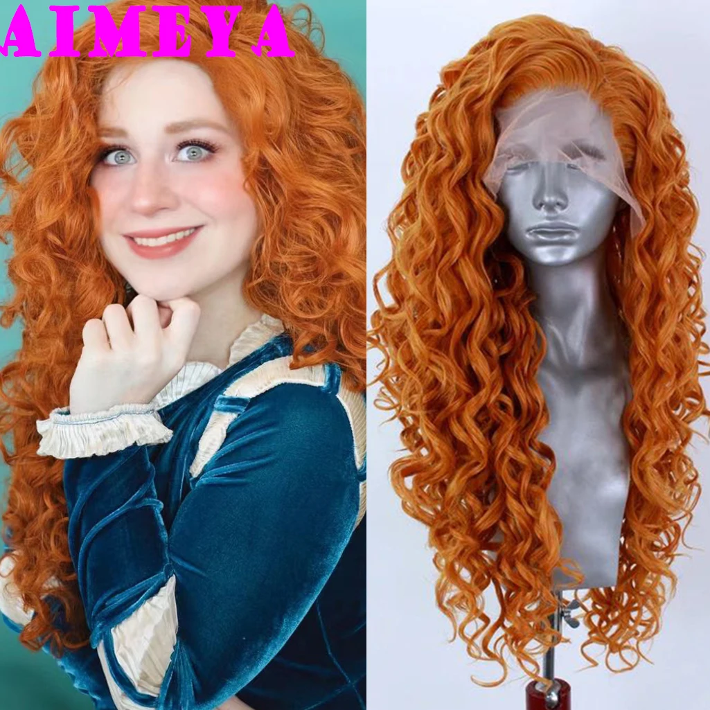 AIMEYA Orange Long Curly Lace Wig Cosplay Wig Halloween Synthetic Long Hair Role Play Wig Heat Resistant Synthetic Hair Costume