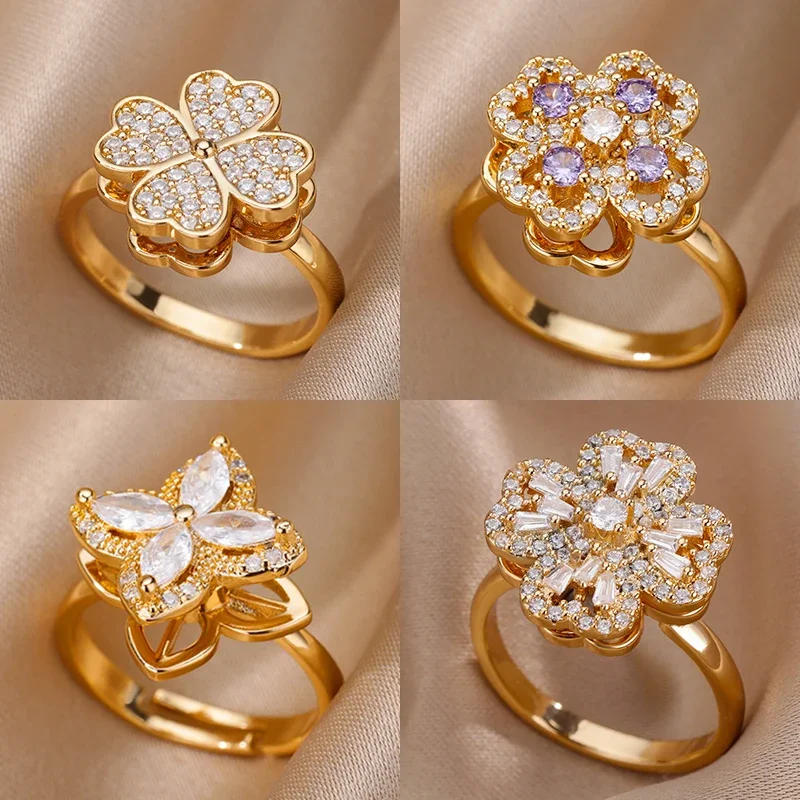 Classic Plant Cubic Zirconia Rings For Women Gold Silver Color Metal Stainless Steel Rotatable Ring Anniversary Crystal Jewelry