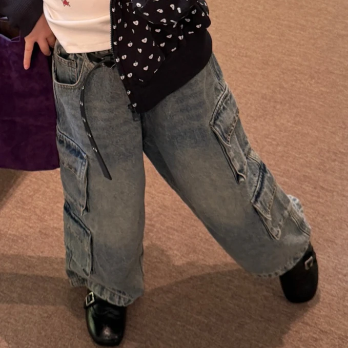 Girls Pants 2026 Spring and Autumn New Childrens Clothing Korean Girl Baby Made Old Multi-pocket Cargo Denjean Wide-leg Pants