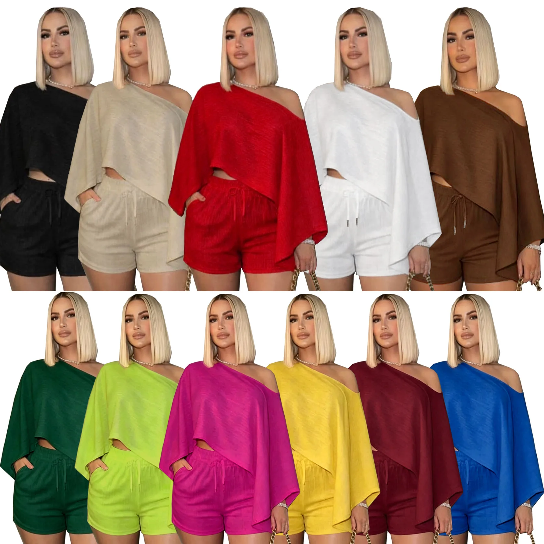 Women Shorts Pant Set Two Piece Sets Skew Collar Full Sleeve Tops Short Pants Lace Up Elastic Waist Y2k Streetwear Elegant