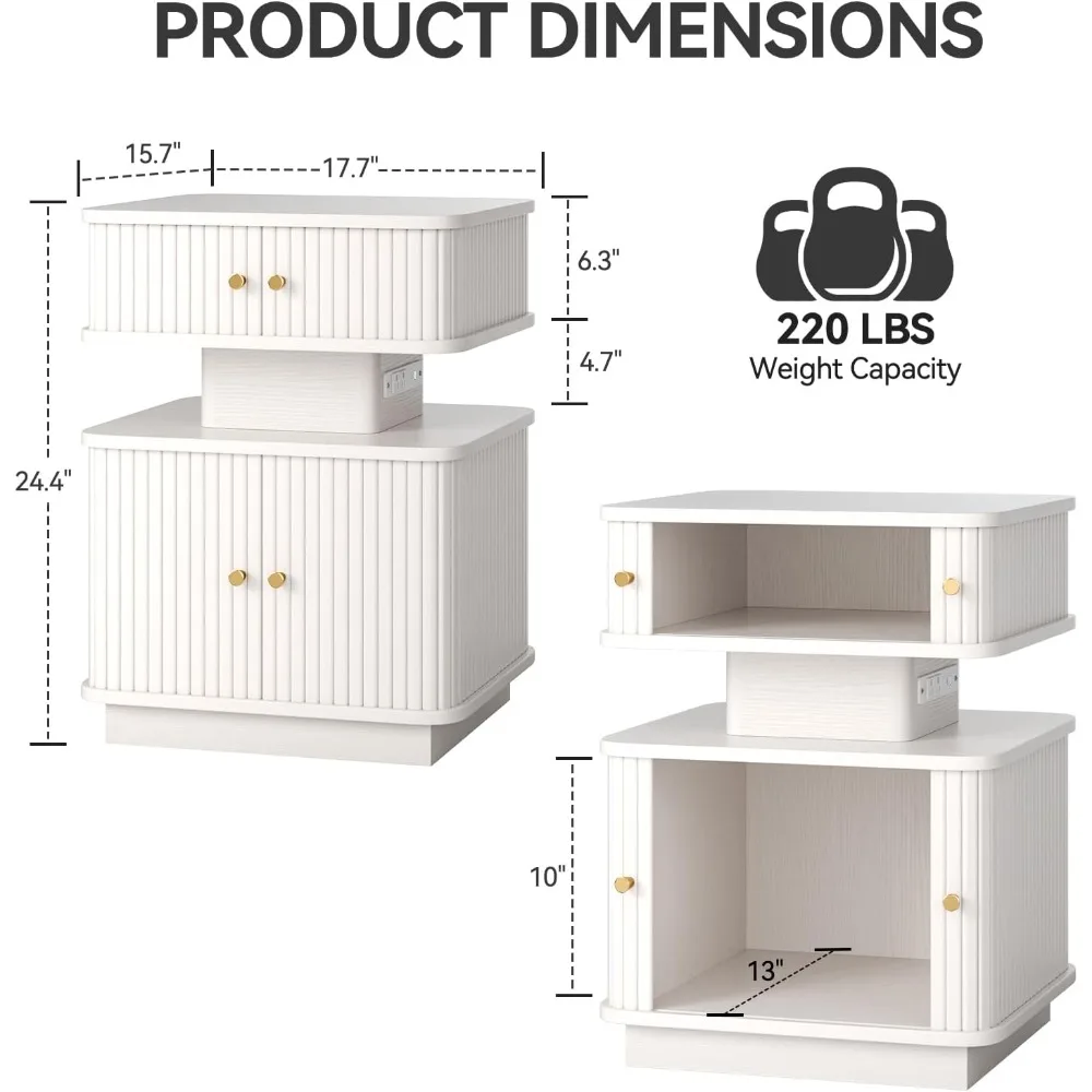 Contemporary 2-Drawer Nightstand with LED Lighting and Charging Port, Sliding Door Design