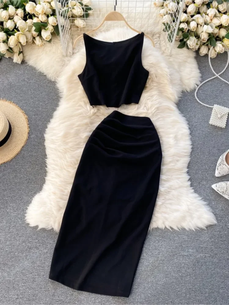 2024 New Summer Women's Fashion Dress Set Sexy Sleeveless Vest High Waist Slim Two Sets of White Black Clothes