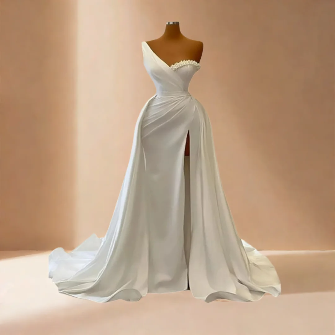 

Customized One Shoulder Shinny Beads Pearls Wedding Dress Sweep Tran Robe De Mariee Satin Pleats High Split Mermaid Bridal Gown