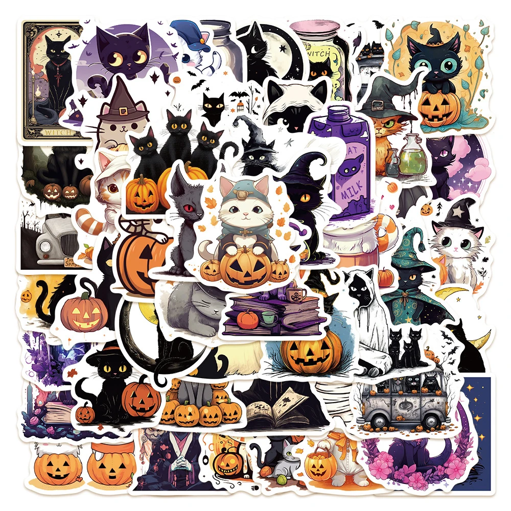 

10/30/50pcs Halloween Kawaii Magic Cats Stickers Cartoon Pumpkin Sticker Window Bottle Guitar Suitcase Kids Waterproof Decals