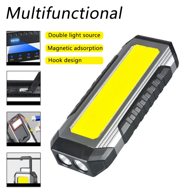 COB-Arbeitsleuchte, USB wiederaufladbar, LED-Taschenlampe, Power Bank, 18650, 4000 mAh, tragbare Campinglampe mit Magnet, wasserdichte Laterne