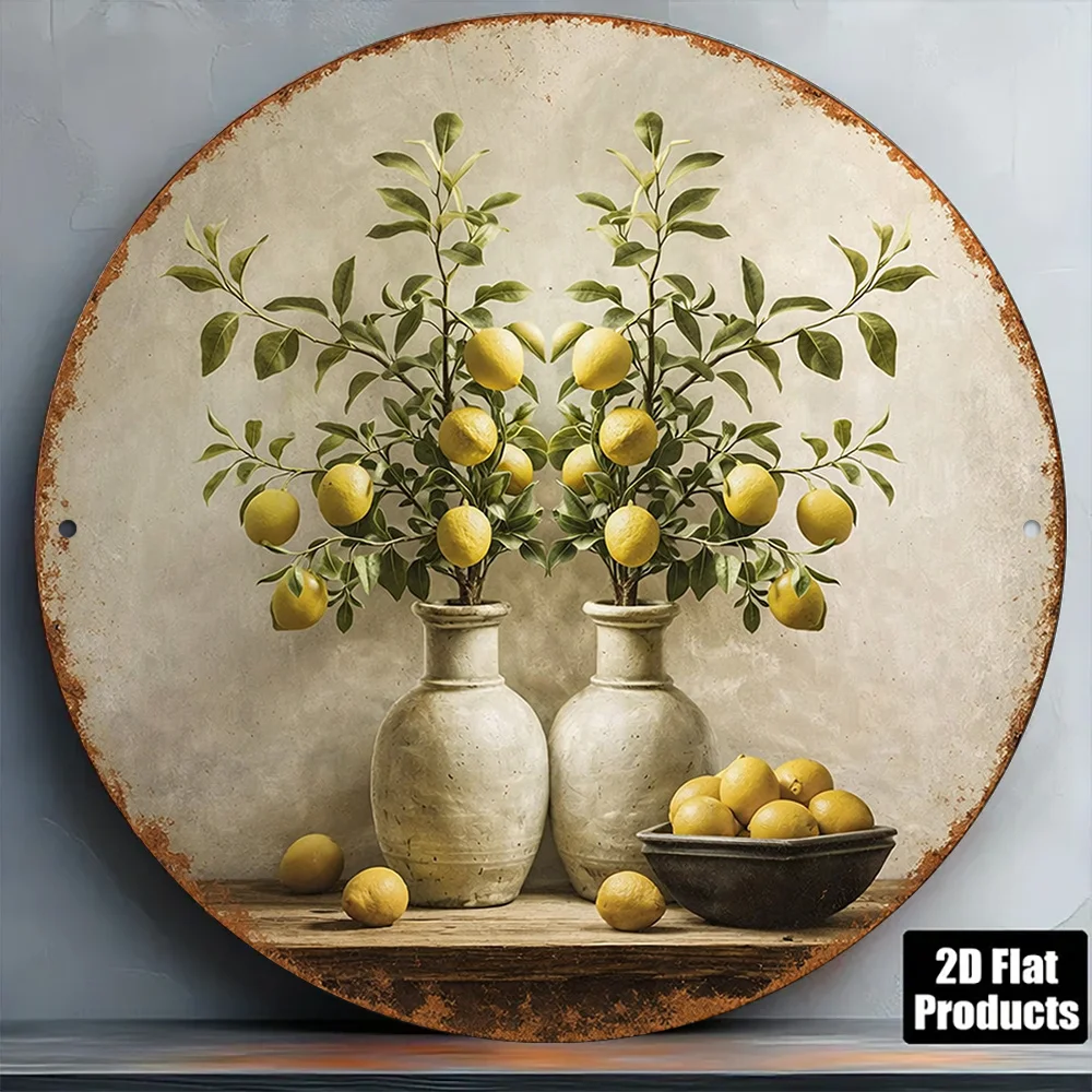 1pc 8*8In/20X20Cm 2D Flat Round Sign, Vintage Plaque about Lemon Fruit, Bright Fruit Decorative Sign, Suitable for Kitchen Decor
