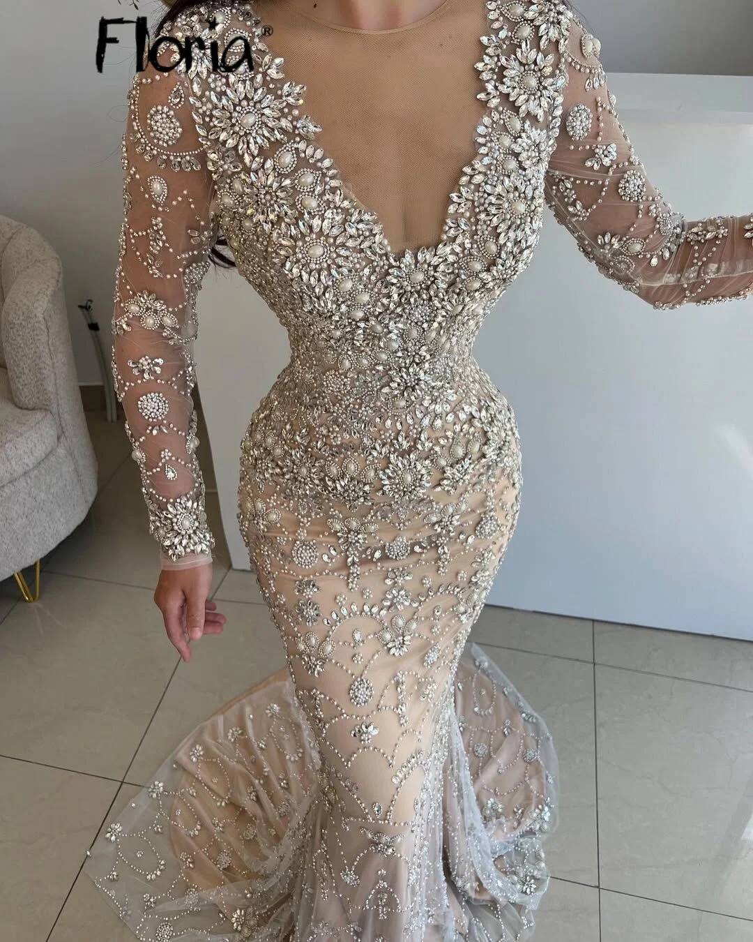 

Elegant Deep V Neck Champagne Prom Dresses Long Mermaid Beaded Wedding Guest Gowns Silver Stones Customized Abendkleid плат