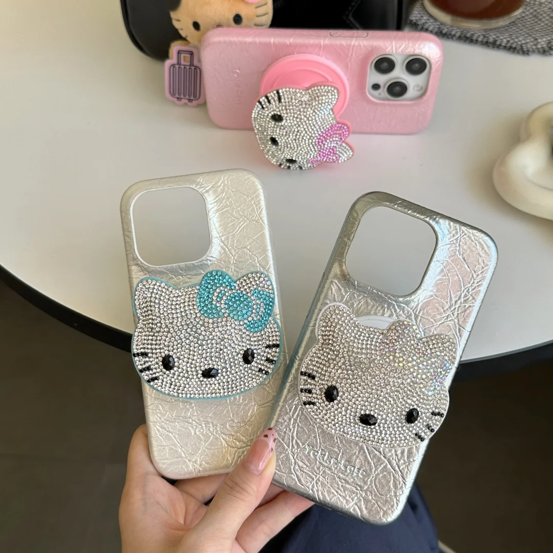 

Custom Bling Glitter Diamond kitten Magnetic Holder Magsafe Wireless Charge Case For iPhone 13 14 15 16 Pro Max Leather Cover