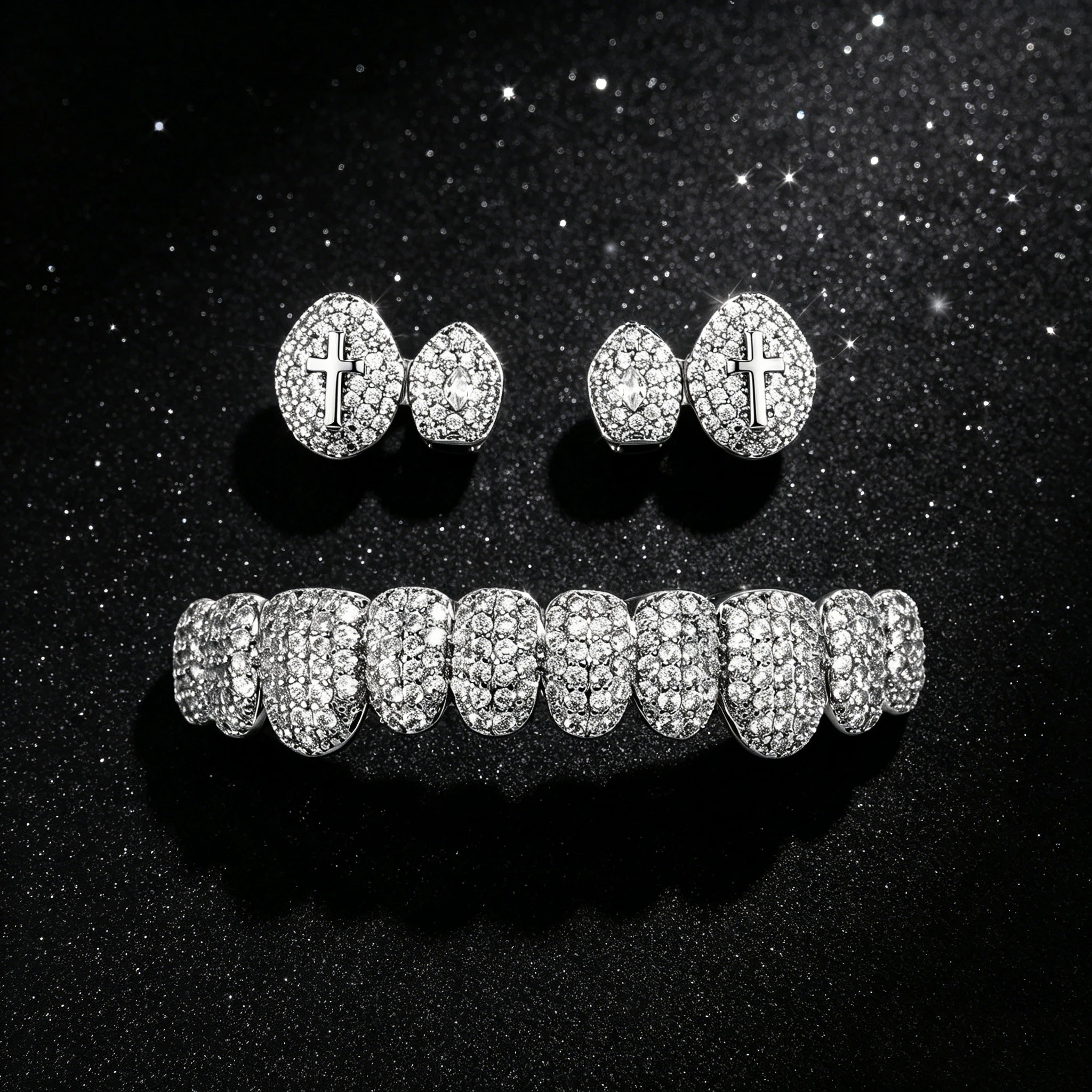 TOPGRILLZ Hip Hop 3-teiliges Grillz-Set, Weißgoldfarben, Kupferkreuz, Iced Out, 8 Zähne, Weihnachtsschmuck, Geschenk für Männer und Frauen – Detail 3