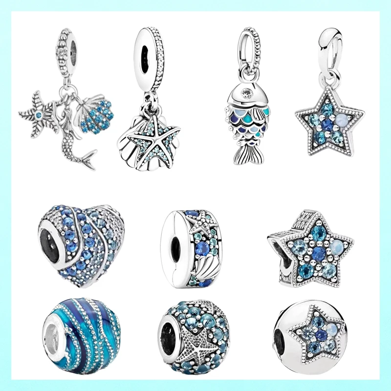 

Hot Sale Sparkling Starfish and Sea Shell Blue Scaled Fish Dangle Charm Beads Fit Original 925 Silver Bracelet DIY Jewelry Gifts